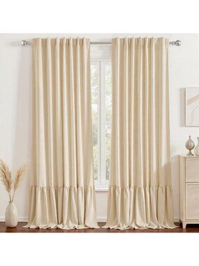 Natural Ruffle 100% Blackout Curtains, Double Layer, 52"W x 102"L, Pack of 2